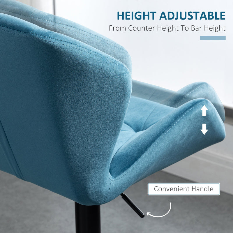 Set of 2 Kitchen Bar Stools, Blue Velvet