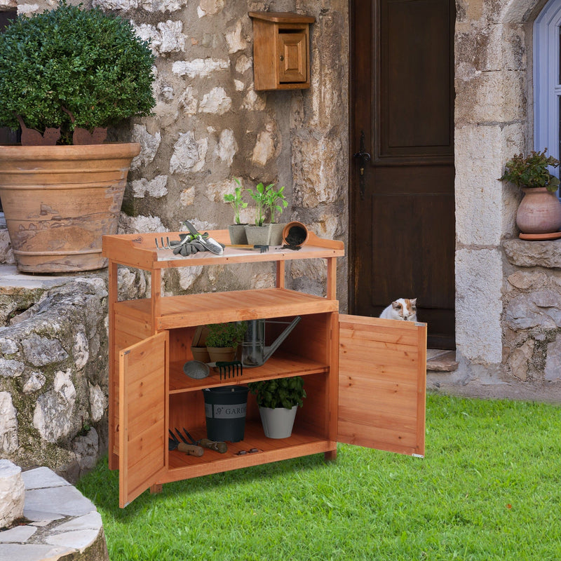 Potting Bench With Cupboard, Galvanized Top - 98x47x105 cm Outsunny