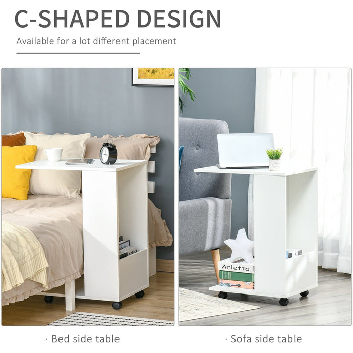 C Shape Mobile Sofa Side Table with Storage, Casters