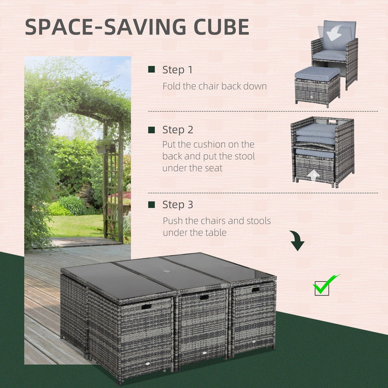 10 Seater Rattan Cube Dining Set with Table, Chairs, Stools