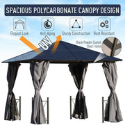 3x3m Polycarbonate Hard Roof Gazebo For Gardens, Steel Frame, Curtains, Mosquito Nets, Black Outsunny
