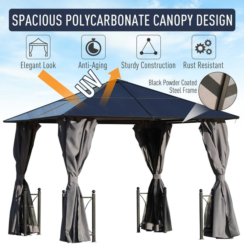 3x3m Polycarbonate Hard Roof Gazebo For Gardens, Steel Frame, Curtains, Mosquito Nets, Black Outsunny