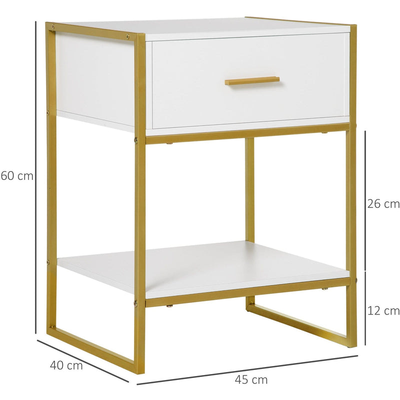 Modern Bedside Table With Drawer, White and Gold