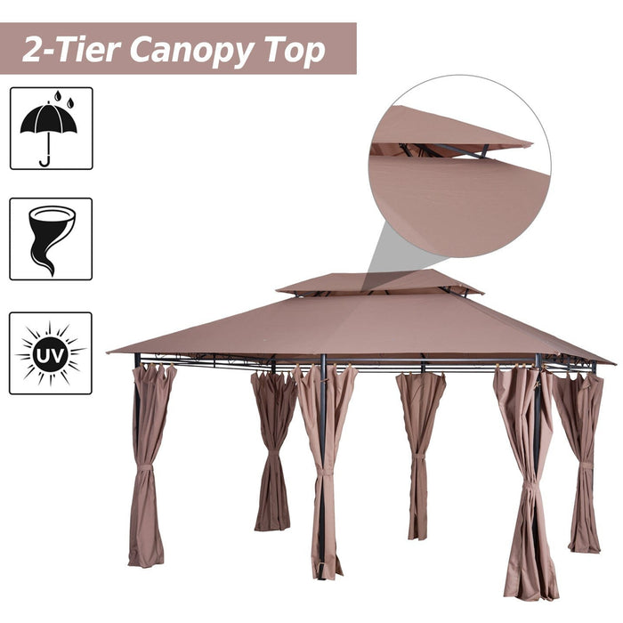 Metal Frame Gazebo With Sides, Garden Pavilion, 4x3m, Brown