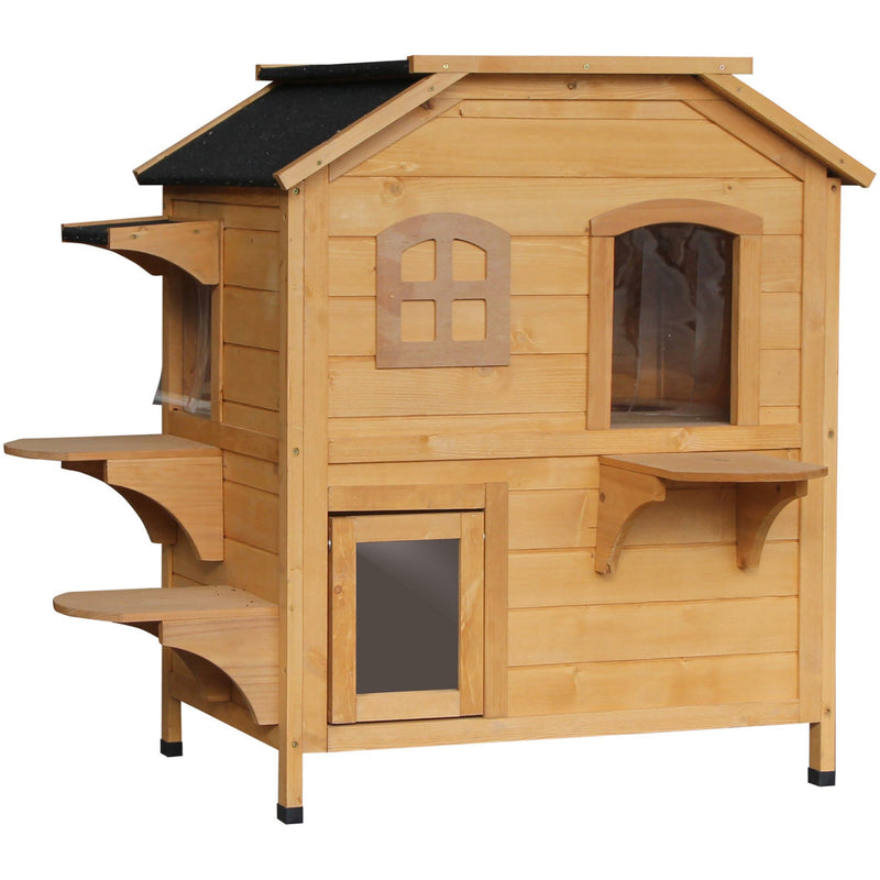 PawHut Two-Floor Wooden Cat House, Natural
