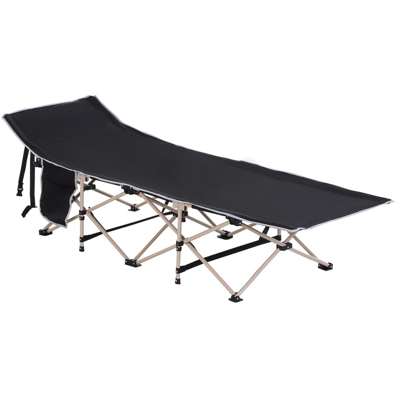Outsunny Single Person Camping Folding Cot Outdoor Patio Portable Military Sleeping Bed Travel Guest Leisure Fishing with Side Pocket, Black Outsunny