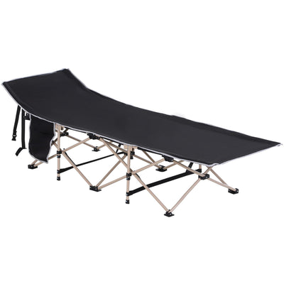 Outsunny Single Person Camping Folding Cot Outdoor Patio Portable Military Sleeping Bed Travel Guest Leisure Fishing with Side Pocket, Black Outsunny