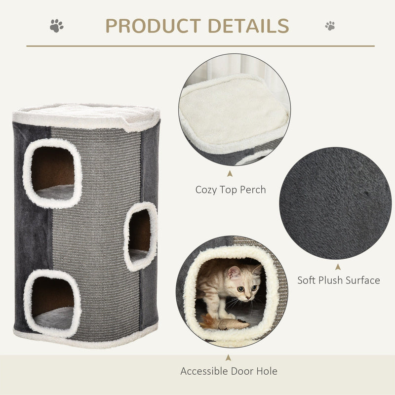 PawHut Cat Barrel Kitten Tree Tower Sisal Scratching Pet Furniture Climbing Frame Cozy Platform Soft Plush & Lamb Fleece Grey Pawhut