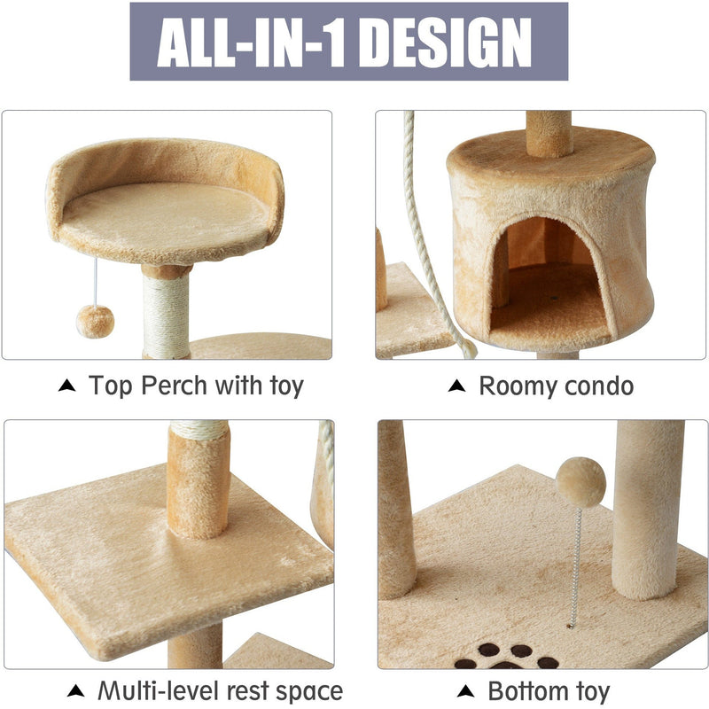 "114cm Beige Cat Tree: Sturdy House for Climbing and Play"