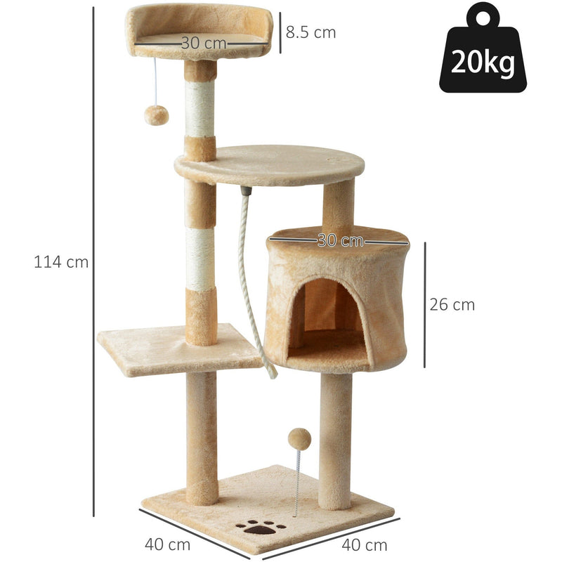 "114cm Beige Cat Tree: Sturdy House for Climbing and Play"