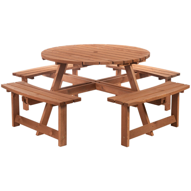 8 Seater Round Wooden Garden Tables With Benches Outsunny