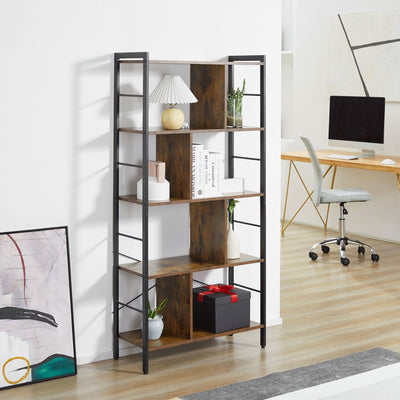 5 Shelf Industrial Bookcase, Rustic Brown, Metal Frame Homcom