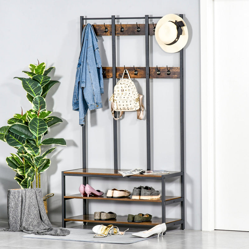 Rustic Brown Hall Tree Coat Stand, Bench, Shoe Rack