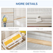 PawHut Large Bird Cage Aviary for Finch Canaries, Budgies with Rolling Stand, Slide-out Tray, Storage Shelf, Wood Perch, Food Containers, White Pawhut