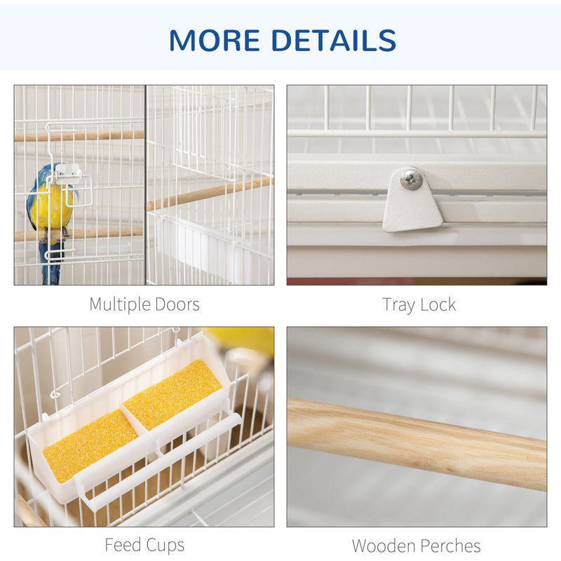 PawHut Large Bird Cage Aviary for Finch Canaries, Budgies with Rolling Stand, Slide-out Tray, Storage Shelf, Wood Perch, Food Containers, White Pawhut