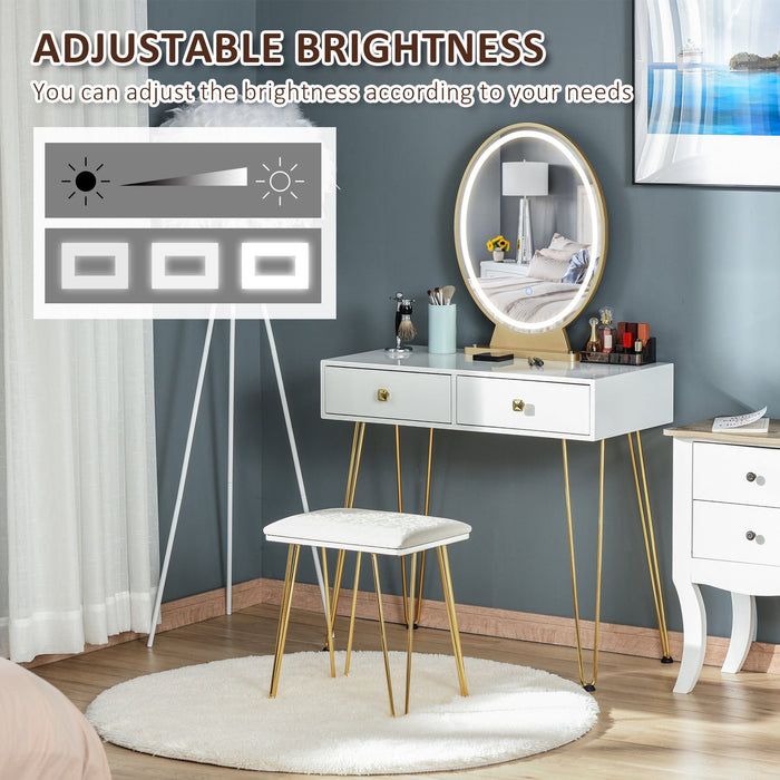 Dressing Table Set, LED, Round Mirror, White