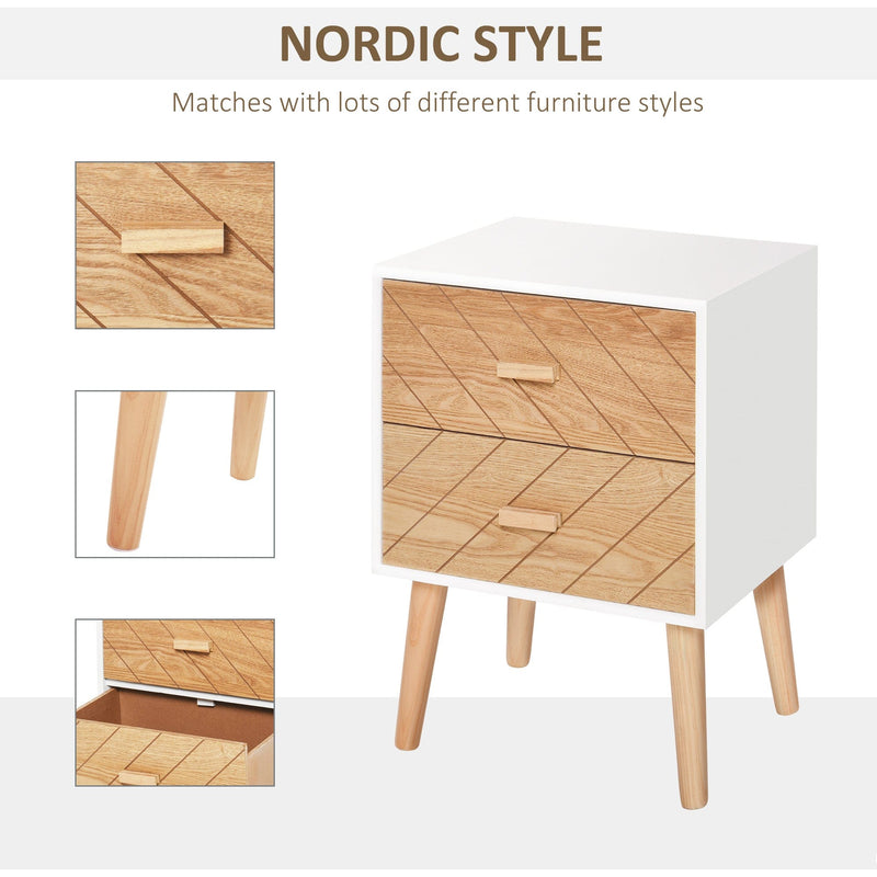 Nordic 2-Drawer Wooden Bedside Table, Scandinavian Design Homcom