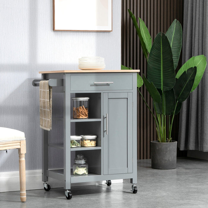 Small Kitchen Trolley on Wheels, Open Shelf, Drawer, Grey