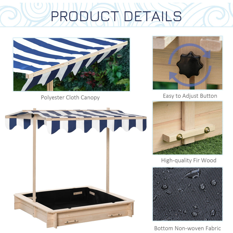 Wooden Sandpit with Adjustable Canopy and Benches for Shaded Outdoor Play Natural Blue White Outsunny
