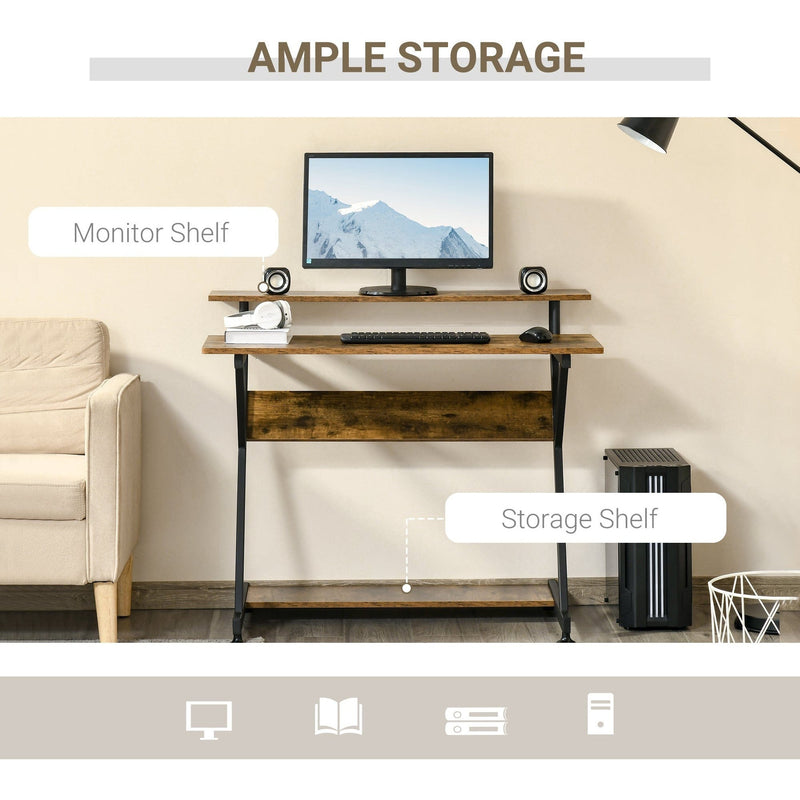 R Shape Compact Desk with Monitor Shelf, Brown