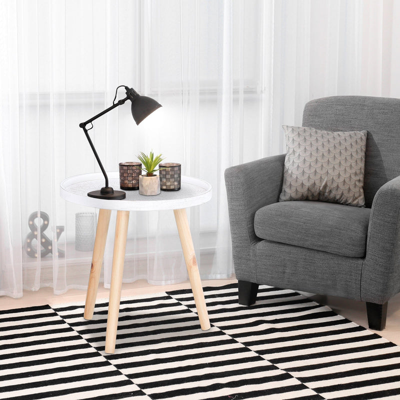 Flower Etched Side Table with Saucer Top, Wood Legs, White