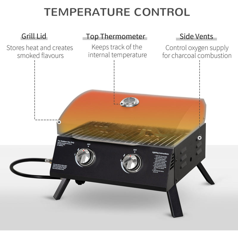 Portable 2 Burner Gas BBQ Grill with Lid Thermometer, Black