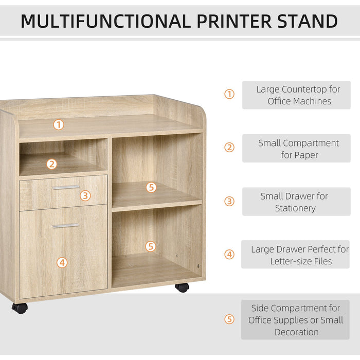 Oak Printer Stand with 2 Drawers & Open Shelves