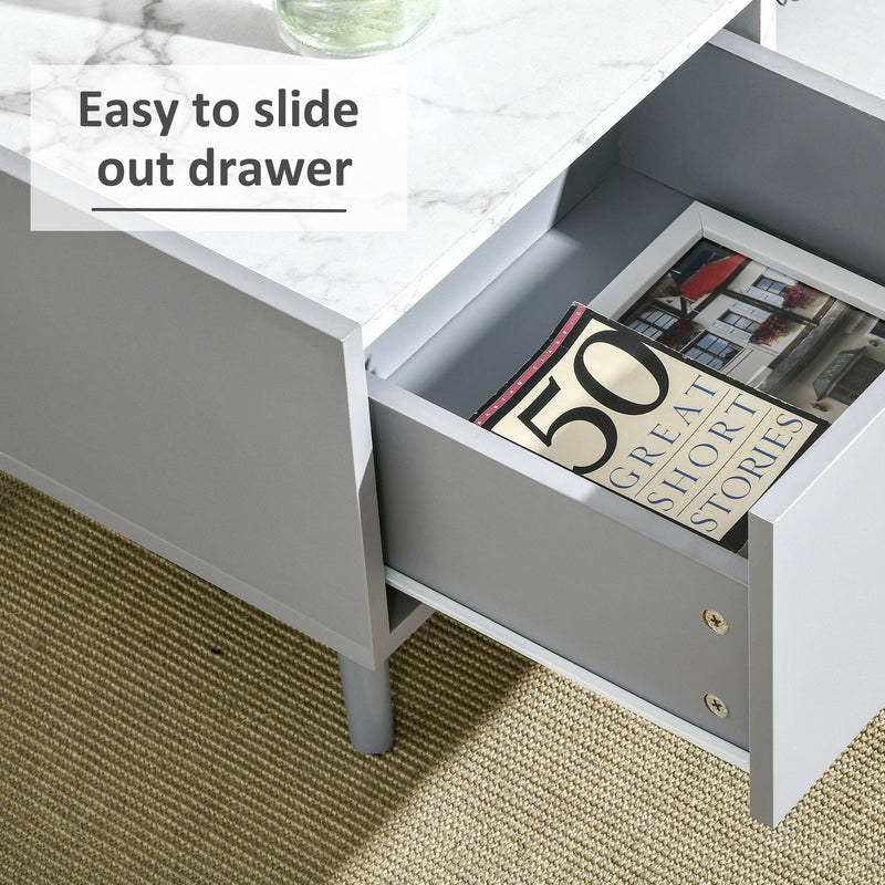 Coffee Table With Shelf, Drawer, Two Tone Marble Effect