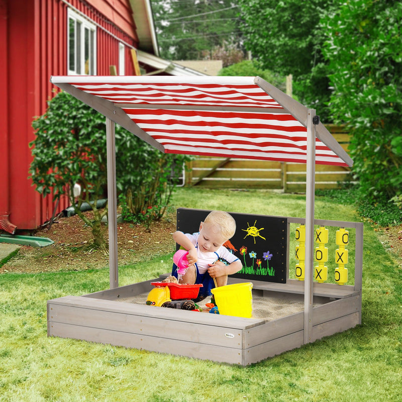 Outsunny Kids Wooden Sandpit, Sandbox with Canopy & Seats, for Gardens - Grey Outsunny