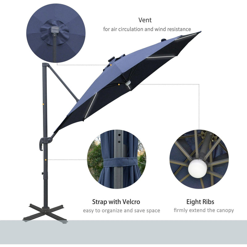 Image of a blue cantilever parasol with solar lights