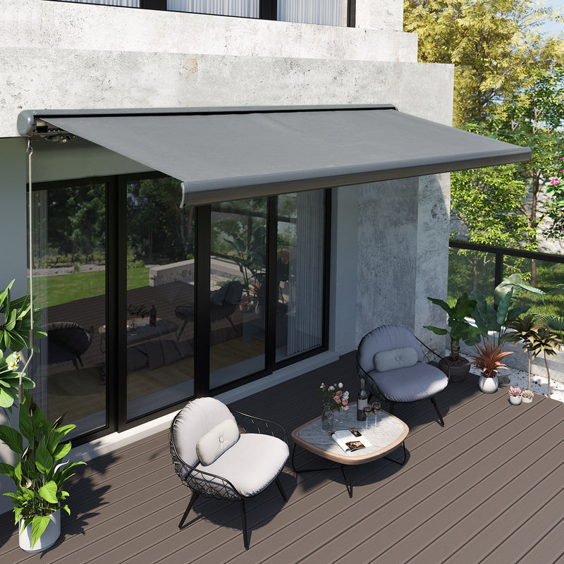 Outsunny Retractable Manual Awning Cassette Electric Motorised Door Window Patio Canopy Sun Shade w/ R/C & LED, 350 x 300cm, Grey Outsunny