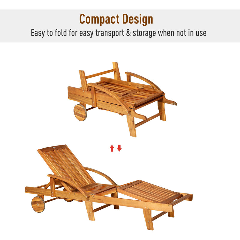 Outsunny Outdoor Garden Patio Wooden Sun Lounger Foldable Recliner Deck Chair Day Bed Furniture with Wheels Outsunny