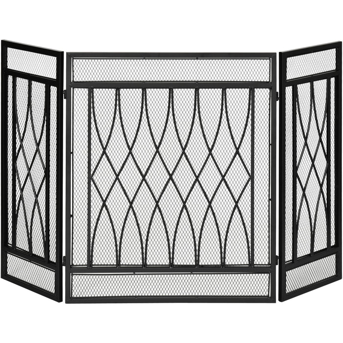 3-Panel Folding Fireplace Screen, Metal Mesh, Black