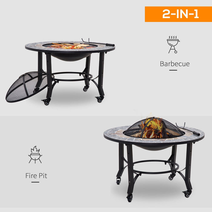 2-in-1 Fire Pit on Wheels, BBQ Grill