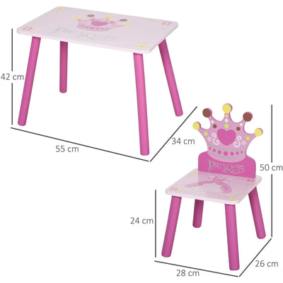 3-Piece Set Kids Wooden Table Chair with Crown Pattern Easy to Clean Gift for Girls Toddlers Age 3 to 8 Years Old Pink AOSOM