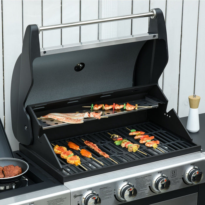 Image of a 4 Burner Gas BBQ with Side Burner With a Black Frame and Stainless Steel Front and Lid.