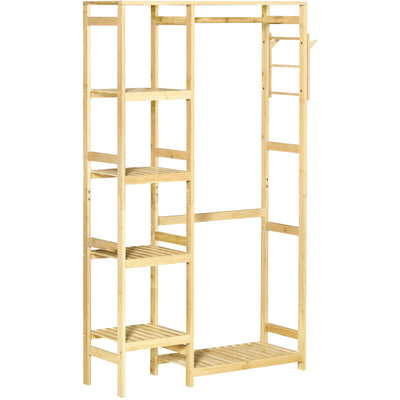 Bamboo Clothes Rack w/ Shelf, Rail & Hooks, Natural Homcom