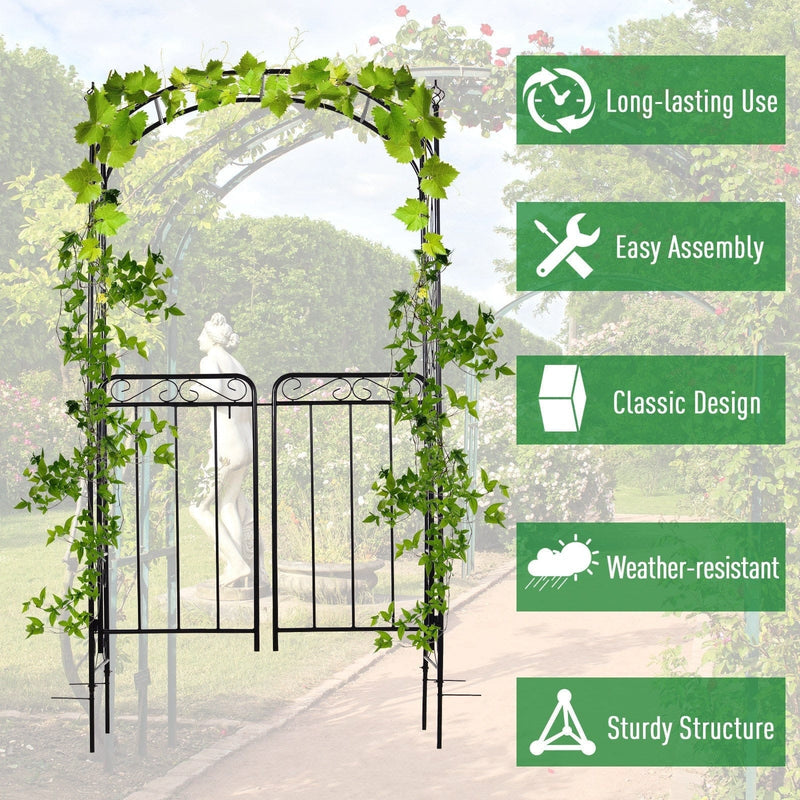 Metal Garden Arch with Gate, Climbing Plant Support, Black Outsunny