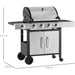 Image of a 4 Burner Gas BBQ with Side Burner With a Black Frame and Stainless Steel Front and Lid.