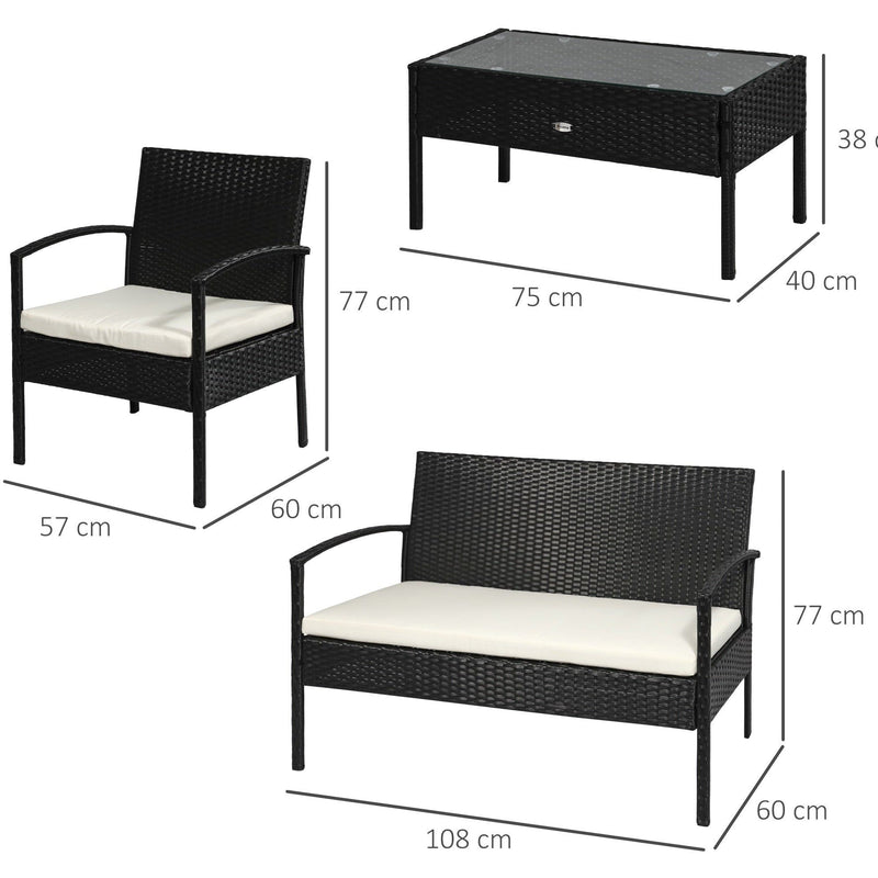 Garden Furniture Sofa and Table, 4 Seater Black Rattan