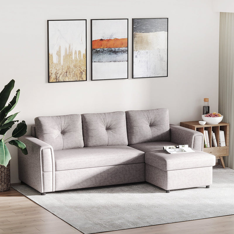 Grey Linen L Shaped Sofa Bed with Storage