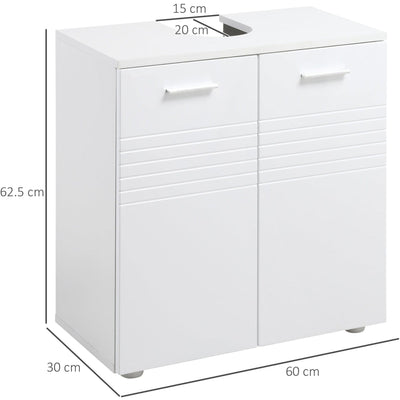 White Under Sink Bathroom Cabinet, 60W x 30D x 62.5Hcm Kleankin