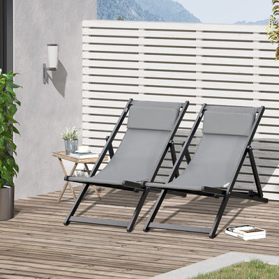 Set of 2 Folding Deck Chairs, Grey Outsunny