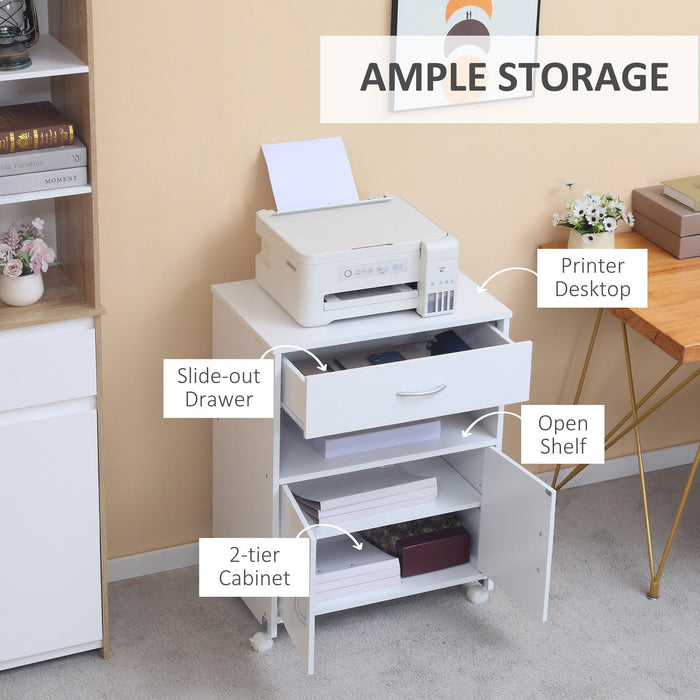 Mobile Printer Stand Cabinet, Open Shelf, Drawer