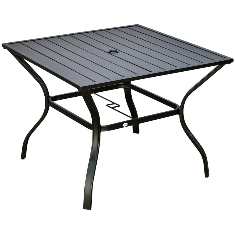 4 Person Square Garden Table For Outdoor Dining - Slatted Metal Plate Top With Parasol Hole - Black Outsunny