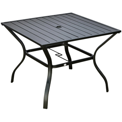 4 Person Square Garden Table For Outdoor Dining - Slatted Metal Plate Top With Parasol Hole - Black Outsunny