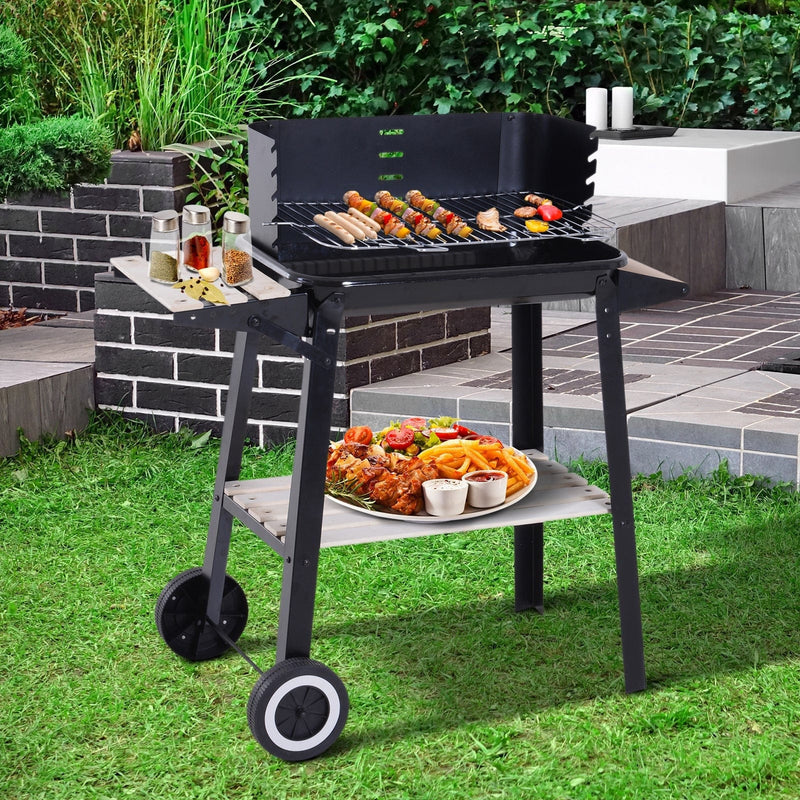 Charcoal Trolley BBQ with Side Trays, Storage