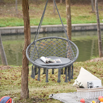Macrame Hanging Chair Swing Hammock With Backrest, Grey Outsunny