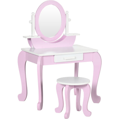 Pink Kids Vanity: Dressing Table, Mirror, Stool, Round Legs Zonekiz
