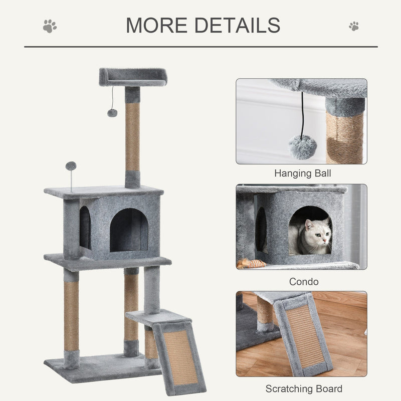 142cm Cat Tree, Climbing Centre, Jute Post, Condo, Grey